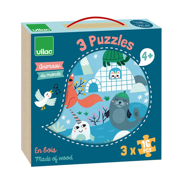 Set da 3 Puzzle animali del mondo Vilac